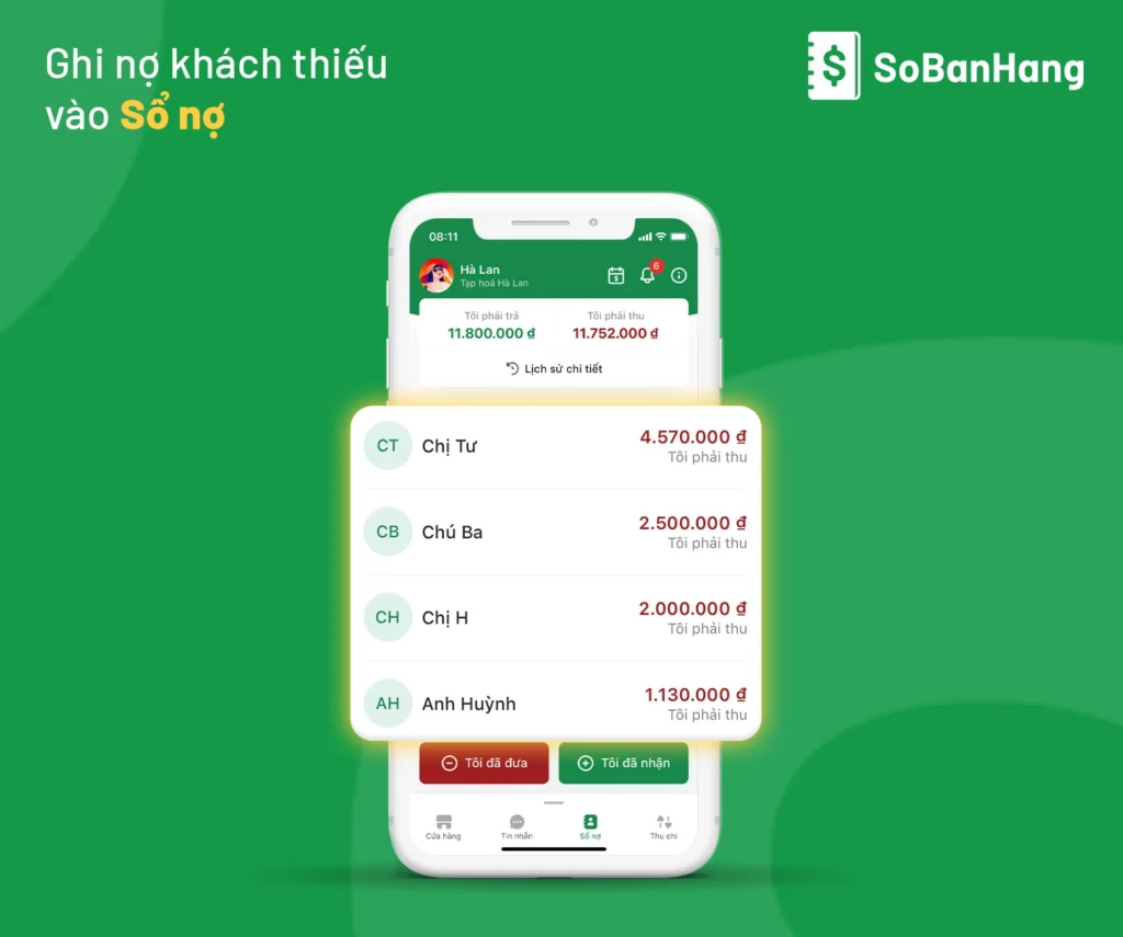 sổ bán hàng có tính năng ghi nợ vào sổ nợ