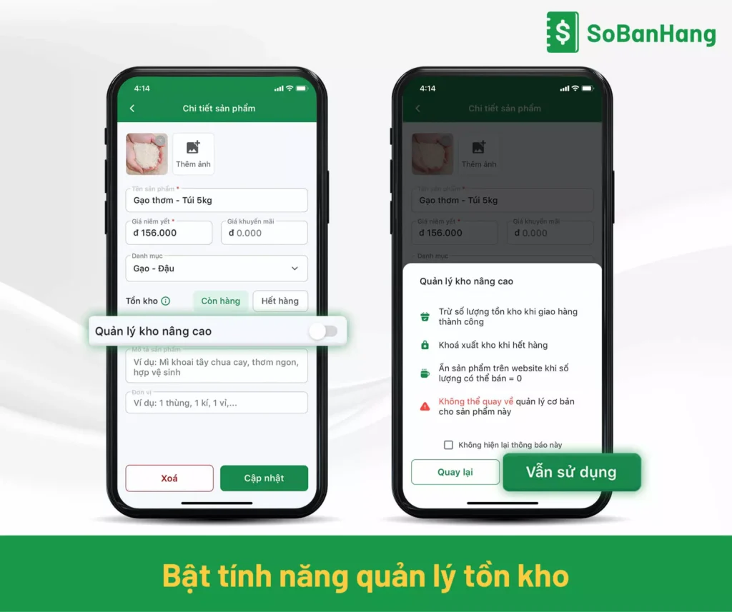 Bật tính năng quản lý tồn kho