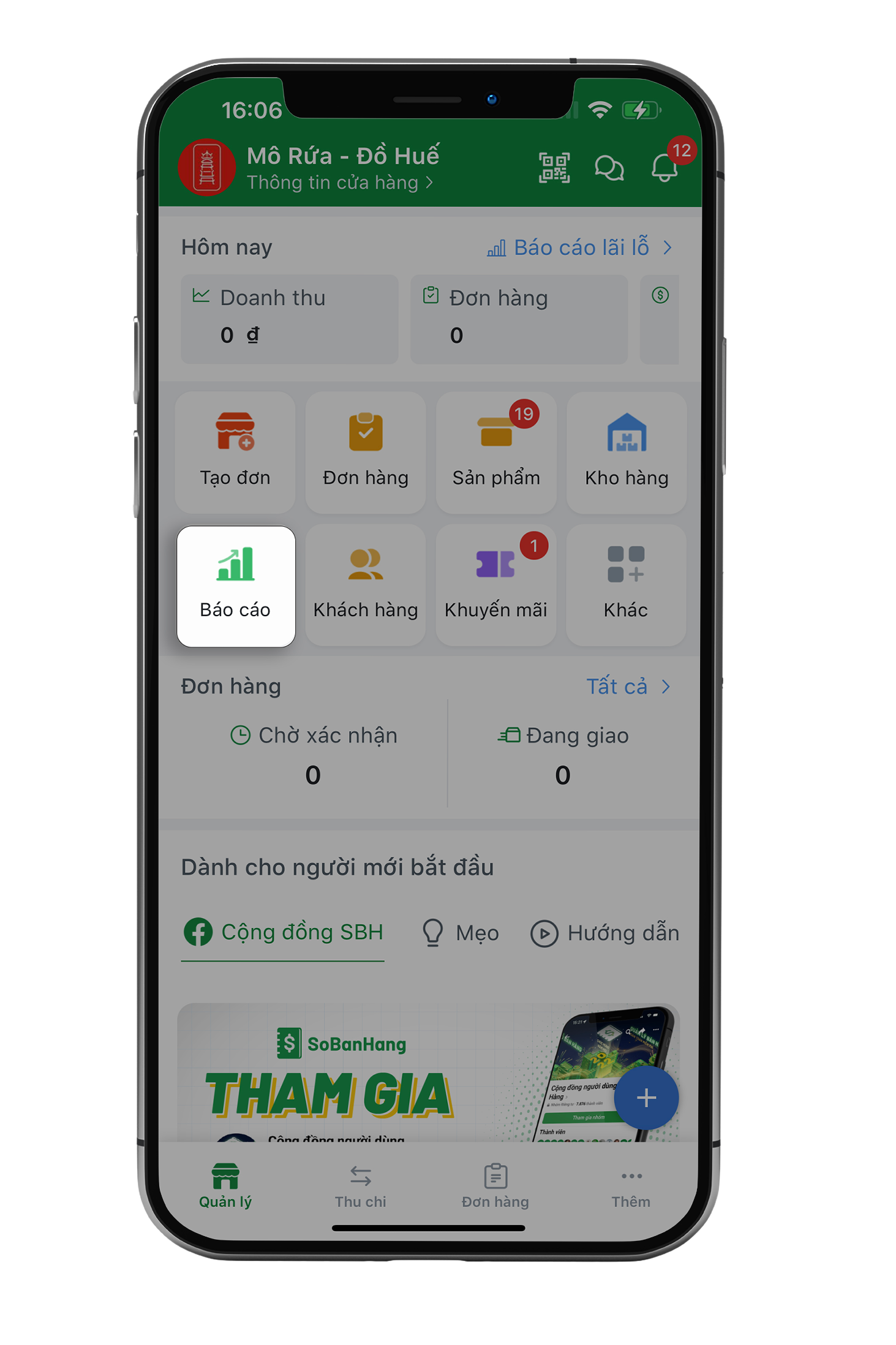 Bước 1: Nhấn "Báo cáo" tại trang Quản lý