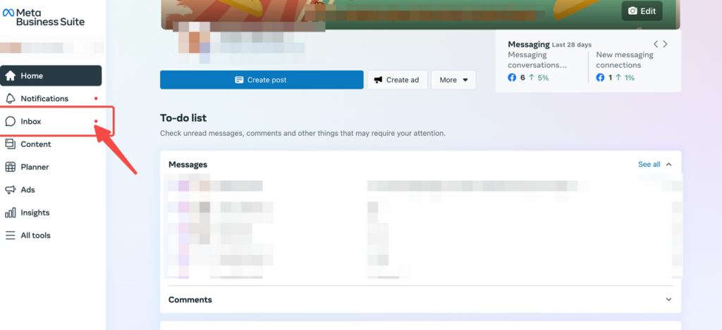 Chọn mục Inbox trên trang Meta Business Suite.