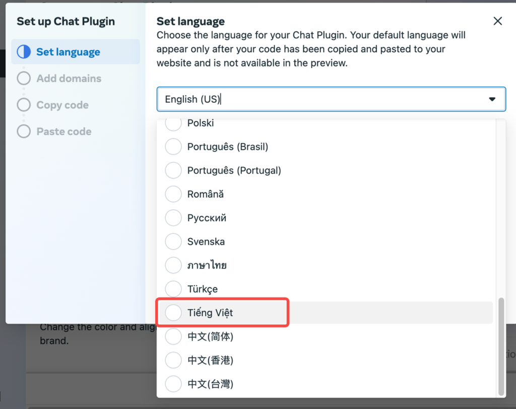 Tại mục Set Language, Chọn "Tiếng Việt" và bấm "Save & Continue".