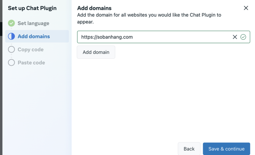 Tại mục "Add domain", bạn hãy nhập đường dẫn Cửa hàng Online của bạn vào trong ô trống. Sau khi điền xong bấm "Save & Continue".