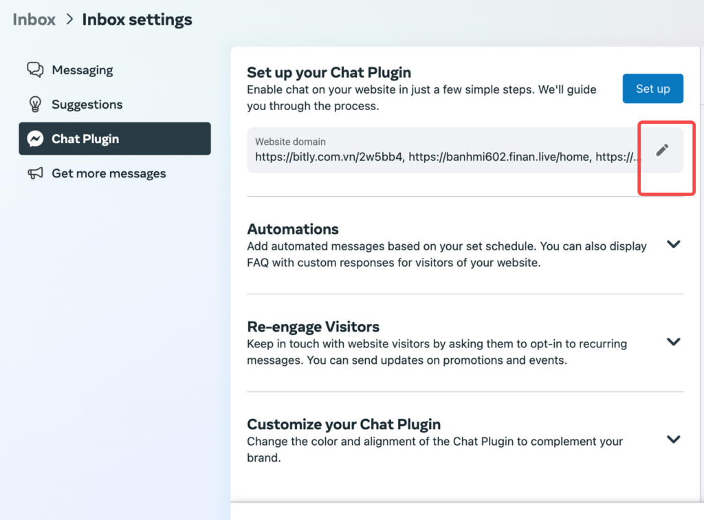 Chỉnh sửa đường dẫn: Chọn vào nút "Chỉnh sửa" trong Chat Plugin.