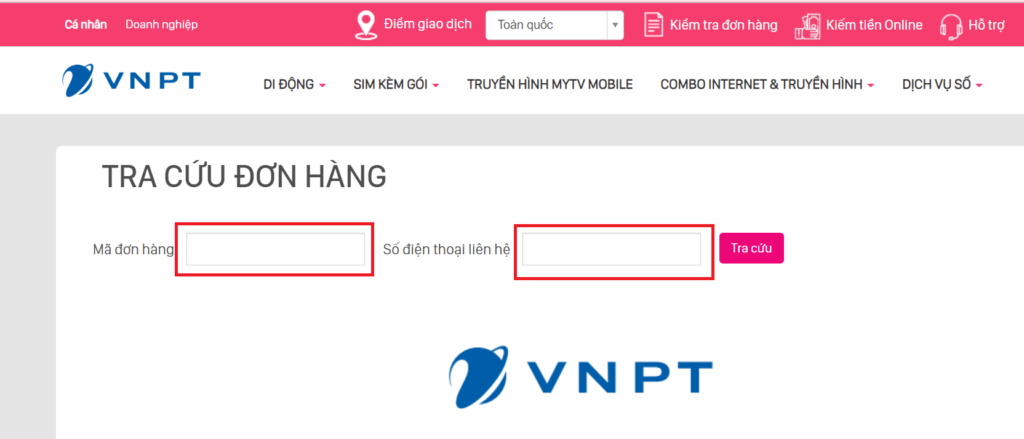 Hình: Tra cứu đơn hàng qua website VNPT
Nguồn: Internet