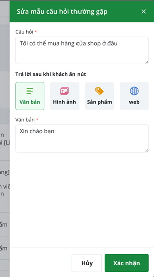 Bạn có thể chọn Văn Bản, Hình Ảnh, Sản Phẩm, Link Cửa Hàng