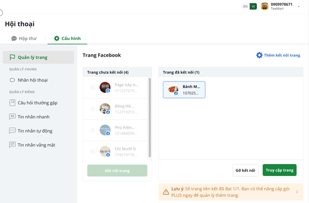 Kết nối trang Fanpage bán hàng mong muốn vào ứng dụng Sổ Bán Hàng.