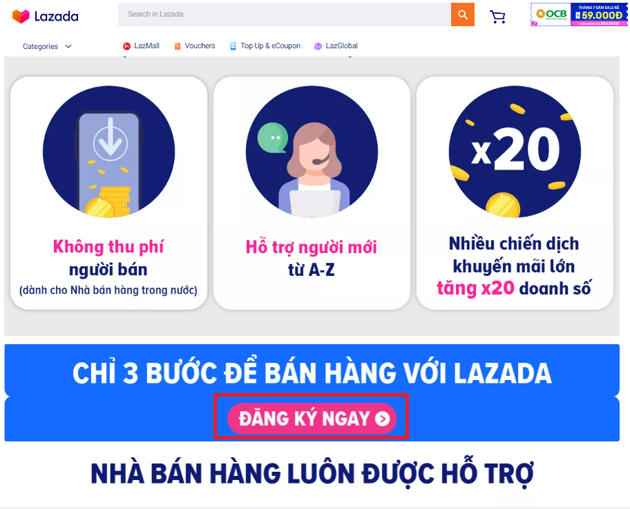 Hình: Nhấn nút "Đăng ký" để tiến hành đăng ký bán hàng tại Lazada
Nguồn: Internet