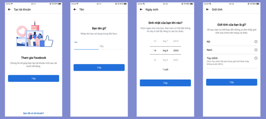 Hình: Tạo tài khoản facebook bằng điện thoại
Nguồn: Internet
