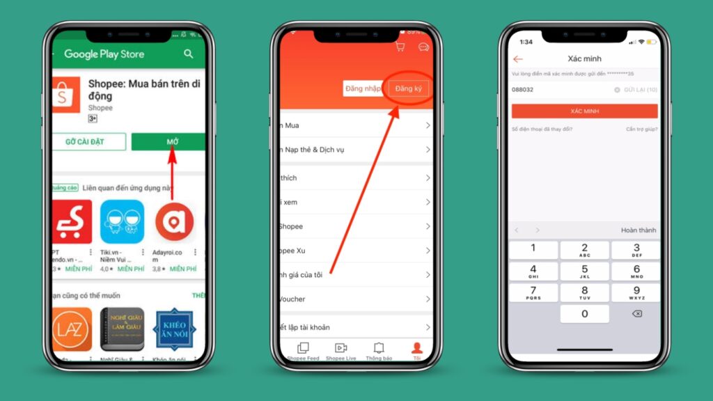 Hình: Tải ứng dụng Shopee, đăng ký và xác nhận tài khoản
Nguồn: Internet