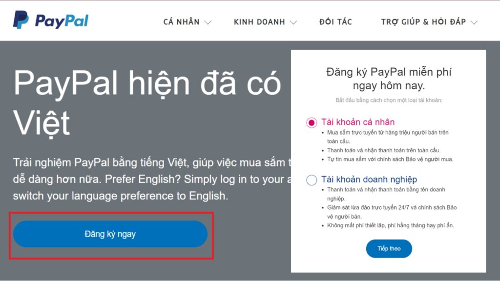 Hình: Đăng ký tài khoản PayPal
Nguồn: Internet