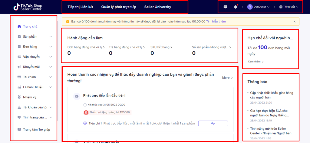 Hình: Giao diện bán hàng trên TikTok Shop
Nguồn: Internet