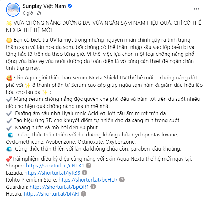 Điểm nổi bật chống nắng dưỡng da ngừa sạm nám của serum nexta
Nguồn: Sunplay Việt Nam