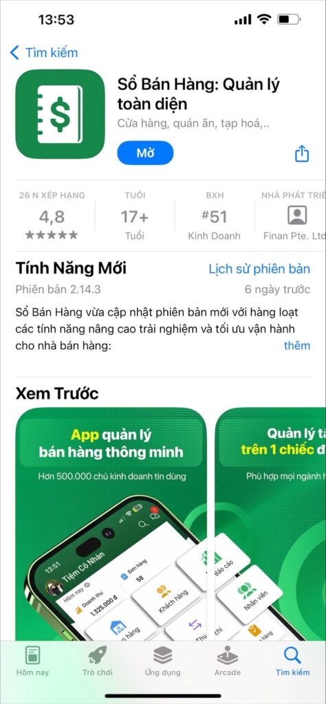 Chủ kinh doanh lên App store hoặc CH Play để tải ứng dụng Sổ Bán Hàng.