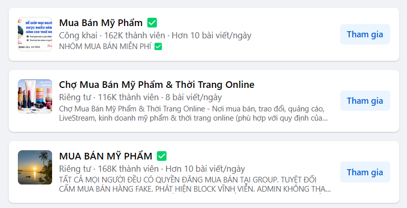 Các hội nhóm dành cho người muốn mua bán mỹ phẩm